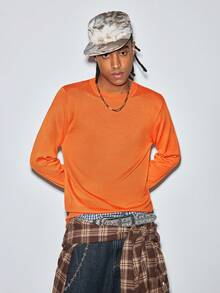 Modcrash Men's Solid Color Crew Neck Long Sleeve Casual Slim Fit Lightweight Knit Sweater Fall/Autumn/Winter - Orange - View 1