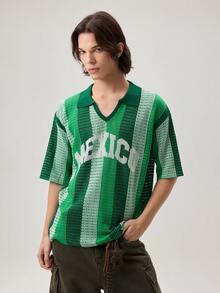 Vaulklash Men's Letter Print Striped V-Collar Short Sleeve Knit Top, Football - Green - View 4