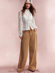 Willow Rêve Women's White Floral Lace Long Sleeve Top With Mandarin Collar And Frog Button Closure, Elegant Casual Romantic Blouse For Wedding Dinner Party Garden - White - View 4