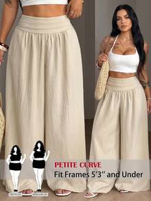SHEIN PETITE CURVE Pantalones de pierna ancha con cintura fruncida de unicolor para mujer talla grande otoño - Albaricoque - Ver 1