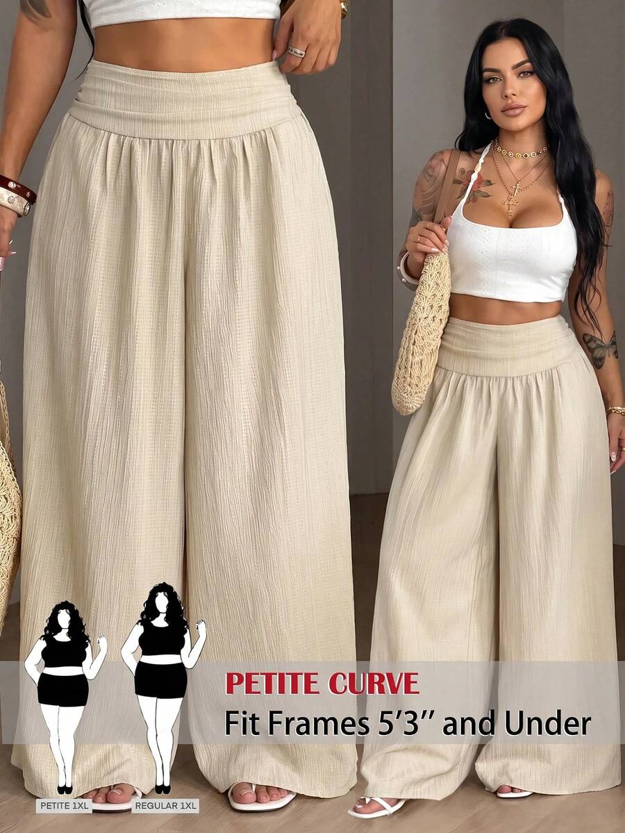 SHEIN PETITE CURVE Pantalones de pierna ancha con cintura fruncida de unicolor para mujer talla grande otoño - Albaricoque - Ver 1