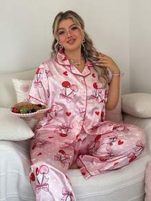 Slumberry CURVE Plus Size Cute Cherry Print Single-Breasted Short Sleeve Top And Long Pants Pajama Set - Pink - View 6