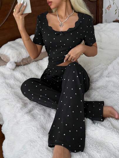 CottageSlumber Women's Ribbed Knit Pajama Set With Heart Print, Lace Trim Collar, Romantic Sweet Sexy Fashion Casual Large Scoop Neck Short Sleeve Long Pants, Suitable For All Seasons And Wearable Outdoors