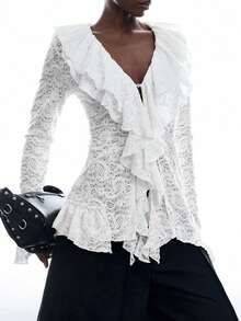 LYSMO Women's Lace Ruffle Fashion Versatile Blouse - Beige - View 4