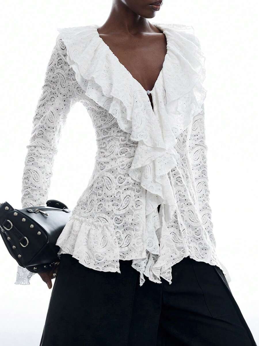 LYSMO Women's Lace Ruffle Fashion Versatile Blouse - Beige - View 1