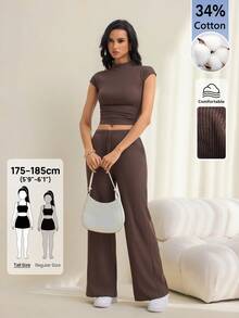 SHEIN Tall Women's Solid Color Stand Collar Cap Sleeve Top And Pants Casual 2 Pieces Set - Brown - View 5