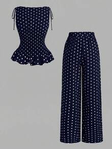 SHEIN MOD Women's Polka Dot Pattern Waist Gathered Sleeveless Blouse And Long Pants Casual 2 Pieces Set - Navy Blue - View 2