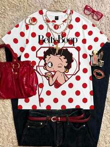 Betty Boop x SHEIN SHEIN EZwear 休閒波點卡通印花圓領短袖寬鬆女款T恤 - 彩色 - 查看 9