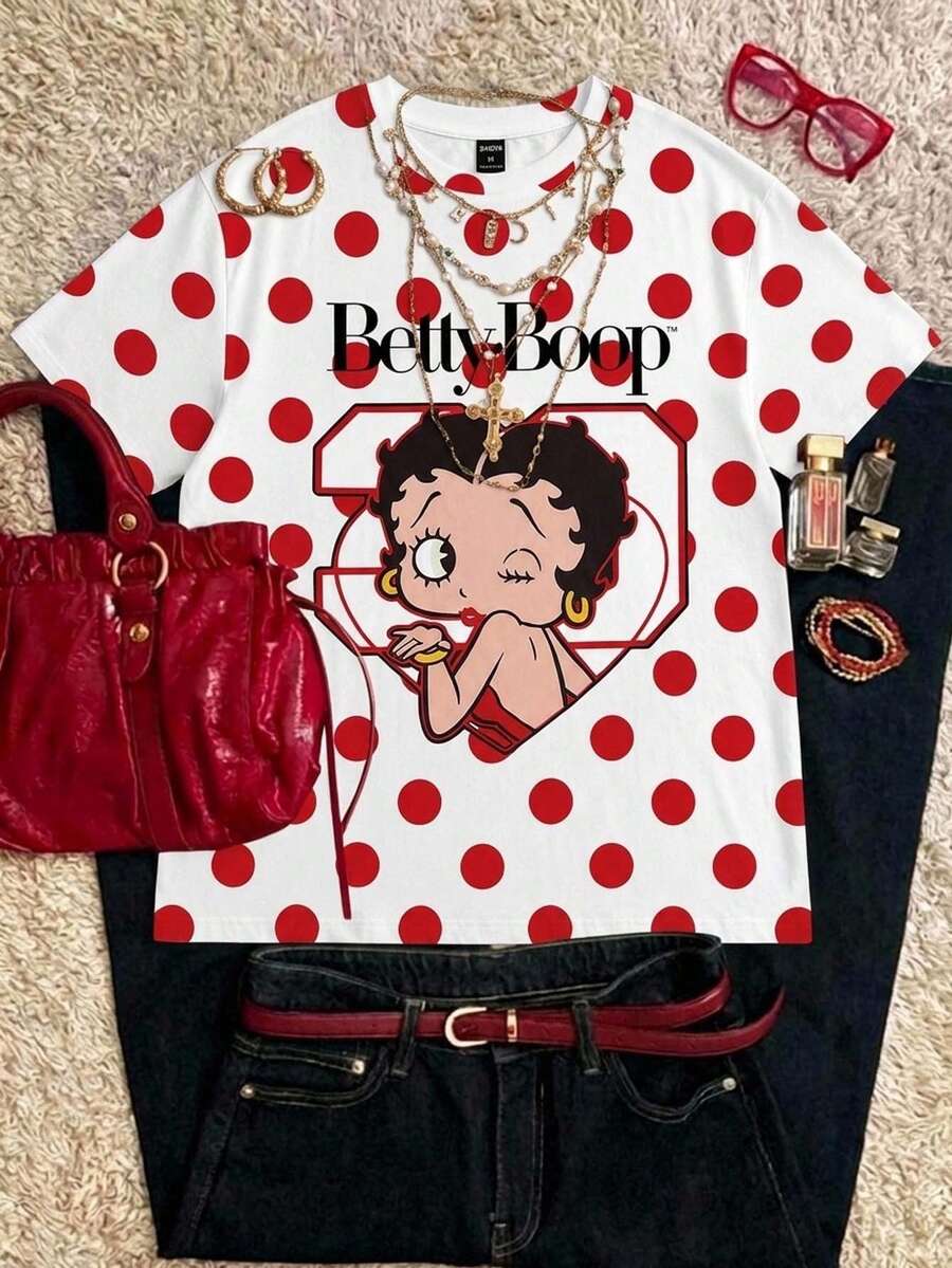 Betty Boop x SHEIN SHEIN EZwear 休閒 80年代復古 Y2K 波點卡通印花圓領短袖寬鬆女款 T恤 早午餐 紅色與白色 夏季 - 彩色 - 查看 1