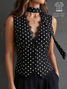 SHEIN Women's Summer Elegant Black And White Polka Dot Sleeveless Lace Patchwork V-Neck Blouse With Ribbon Design For Party Brunch Night Out And Date - Black - View 10
