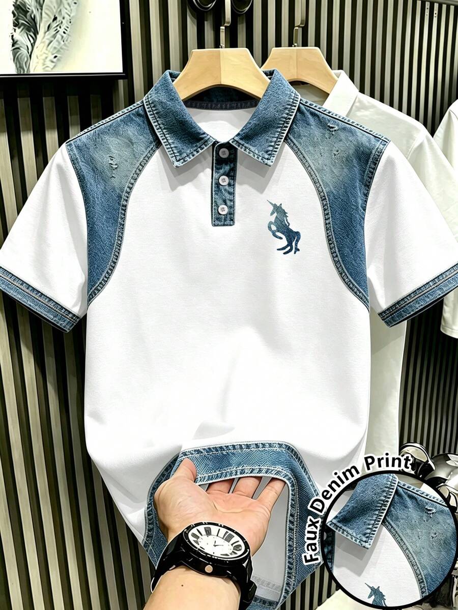 Manfinity Hypemode Unisex Printed Polo Shirt, Button Collar, Contrast Sleeve Design, ,Short Sleeve, For Daily Wear, Casual, Suitable For Men And Women - Multicolor - View 1
