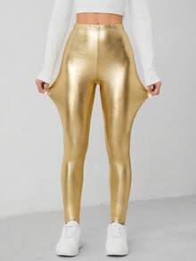 SHEIN PETITE 针织涂层女士打底裤，浅金色 - 金色 - 查看 9