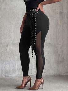 Eryvara Women's New Double Layer Waist Ring Tie Leggings, Side Slit Mesh Patchwork Slim Fit Long Pants - Black - View 1
