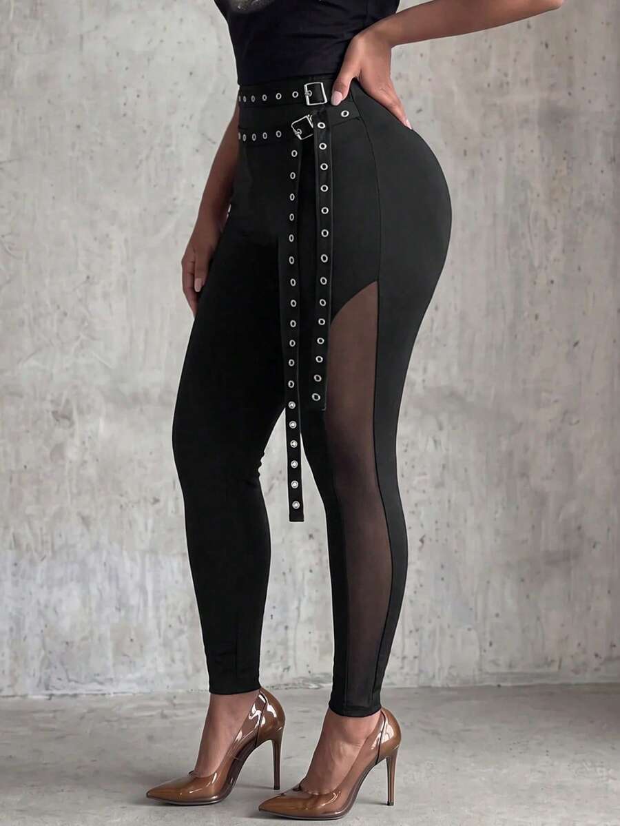 Eryvara Women's New Double Layer Waist Ring Tie Leggings, Side Slit Mesh Patchwork Slim Fit Long Pants - Black - View 1