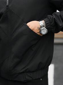 Manfinity CasualCool 1件男士成熟休閒夾克外套，通勤百搭，時尚舒適，男友禮物、丈夫禮物、週年紀念禮物 - 黑色 - 查看 6
