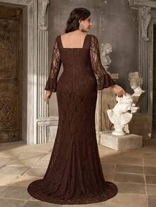 Aureia Plus Size Elegant Romantic Coffee Lace Square Neck Computer Beaded Craft Fishbone Ruched Fitted Mermaid Hem Party Ball Vacation Wedding Event Evening Dinner Guest Dress - Coffee Brown - View 3