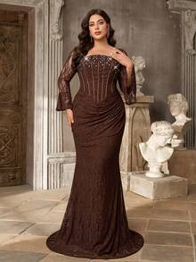Aureia Plus Size Elegant Romantic Coffee Lace Square Neck Computer Beaded Craft Fishbone Ruched Fitted Mermaid Hem Party Ball Vacation Wedding Event Evening Dinner Guest Dress - Coffee Brown - View 6