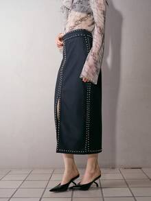 MOTF PREMIUM Rok PU Wanita dengan Desain Stud, Musim Gugur/Musim Dingin - Hitam - View 6