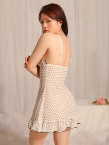 DelicateAllure Gaun Tidur Wanita Manis dan Imut dengan Motif Polkadot Transparan, Leher V Dalam, dan Hiasan Rumbai, Motif Jala Berwarna Pink. - Putih - View 2