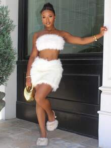 Steph T Plush Bandeau Top & Mini Skirt Set Elegant White - White - View 1