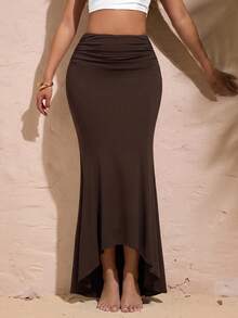 Opulessa Rok Wanita Polos Kasual Elegan Serbaguna untuk Sehari-hari, Cocok untuk Kencan, Makan Malam, Cokelat Tua, Musim Gugur - Coklat - View 5