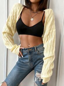 SHEIN 秋季休閒純色短版開襟羊毛衫 - 淡黃色 - 查看 6