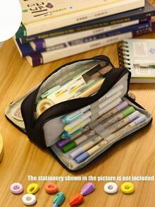 Large Capacity Double Layer Pencil Case Black Stationery Bag For School Office Desktop Organizer Back To School Gift - Black - View 7