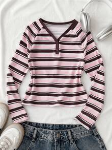 SHEIN 青少年女孩 T-shirt，粉色與棕色條紋，休閒版型，秋冬保暖，時尚百搭，日常穿著，舒適，極簡，可愛，領口，修身，圓領，印花，圖案印花 - 彩色 - 查看 1