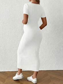 SHEIN Maternity Casual Solid Color Side Slit Fitted Dress, Summer - White - View 2
