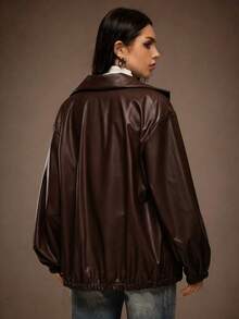 SHEIN Tween Girls Streetwear Solid Color PU Leather Loose Fit Jacket, Back To School Fall - Brown - View 3
