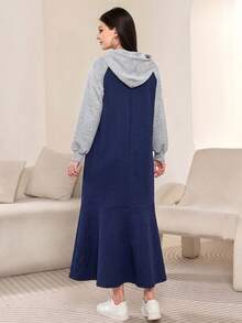 Mulvari Women's Colorblock Raglan Long Sleeve Drawstring Hooded Sweatshirt Dress - Navy Blue - View 2