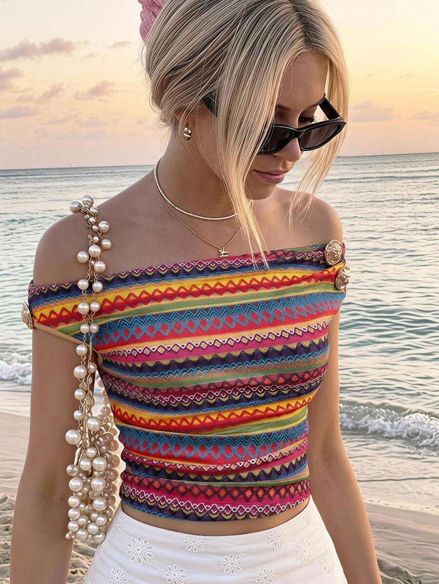 SHEIN MOD 女款彩色條紋不對稱肩金屬裝飾時尚休閒T恤 - 紅色 - 查看 1