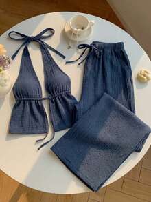 Comfortcana 女款度假純色掛脖露背上衣與長褲兩件套 海灘度假 海軍藍 夏季 牙買加風 性感熱帶 - 藏蓝色 - 查看 5