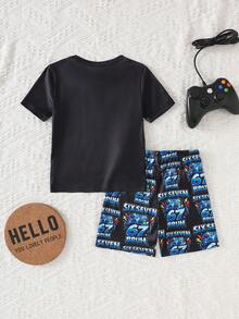 2pcs/Set Young Boys' Cartoon Game Console Print Short Sleeve T-Shirt And Shorts, Casual Comfortable Soft Black Jumpsuit For Summer - Multicolor - View 2