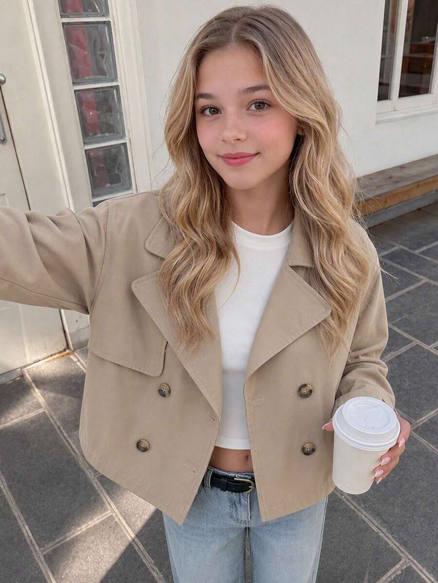 SHEIN Teen Girls Autumn/Winter Casual Classic Military Style Double-Breasted Lapel Trench Coat, Youth Fashion Outfit, Suitable For Back To School, Daily Wear, Khaki Back To School Jacket - Khaki - View 1