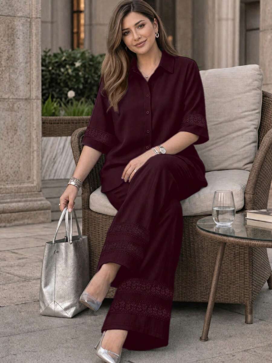 Lacomfia 女款優雅極簡百搭時尚蕾絲袖口夏季大尺碼兩件套 - 紅色 - 查看 1