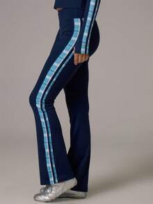 Musera Sport Checkered Contrast Colour Blocked Stripe Side High Rise Fitted Flare Coord Leggings Gym Pilates Daily Running - Navy Blue - View 3