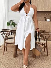 EMERY ROSE Plus Size Women Summer Solid Color Side Slit Hem Sexy Spaghetti Strap Dress - White - View 3