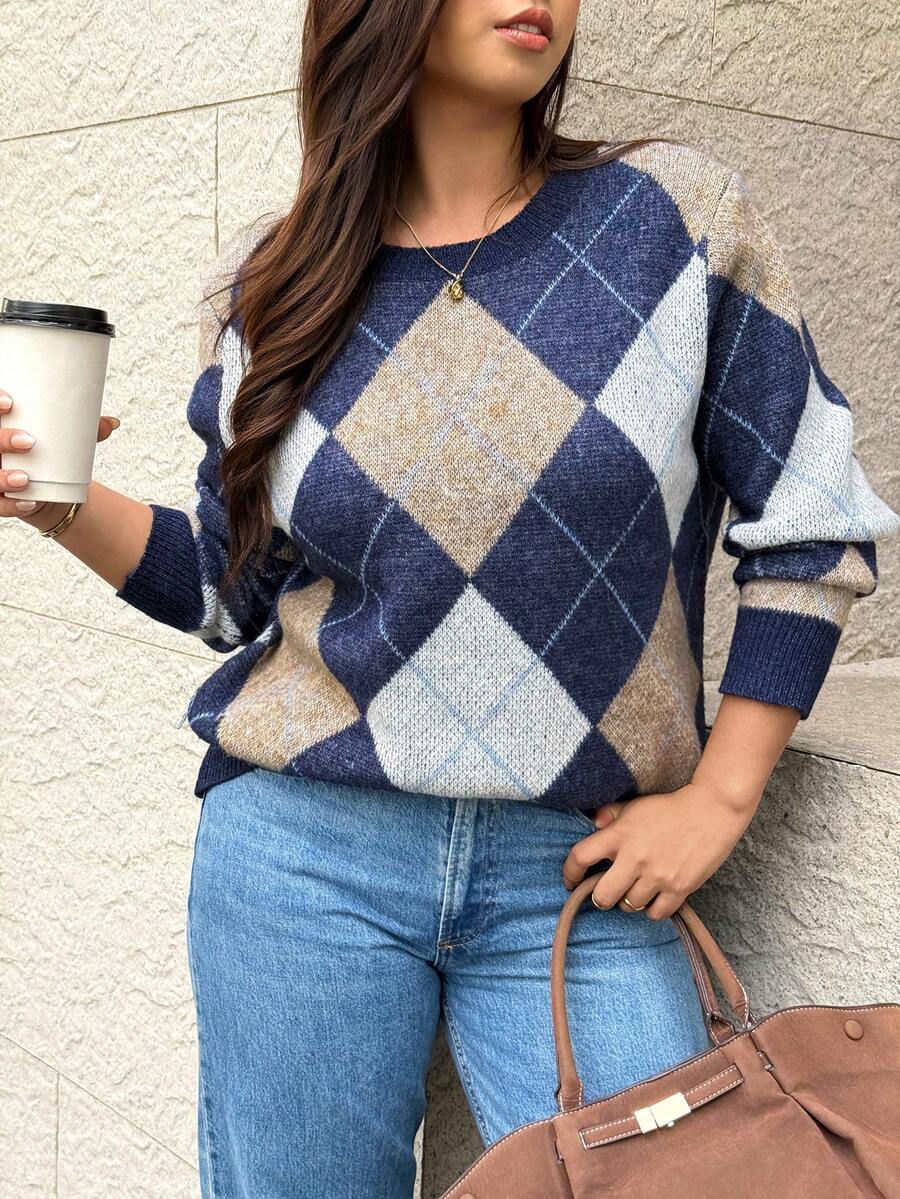 Easura Sweater Lengan Panjang Kerah Bulat Motif Argyle Vintage Ukuran Besar, Gaya Preppy - MultiWarna - View 1