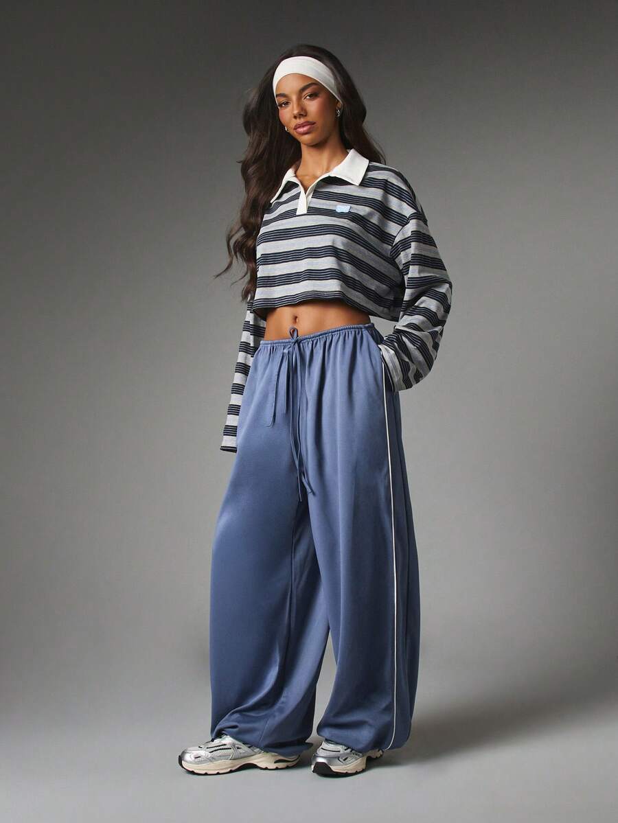 MISSGUIDED Wide Leg Hip Hop Pants Contrast Piping Detail Elastic Drawstring Waist Full Length Flowy Summer Spring Workout Blue And White Striped - Blue - View 1