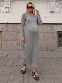 Lyckli Vestido de maternidad casual para ir al trabajo de unicolor con textura - Gris - Ver 3