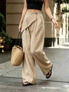 Breezaya Plus Size Asymmetrical Side Button Slant Panel High Waist Drape Textured Wide Leg Long Casual Pants For Women - Apricot - View 5