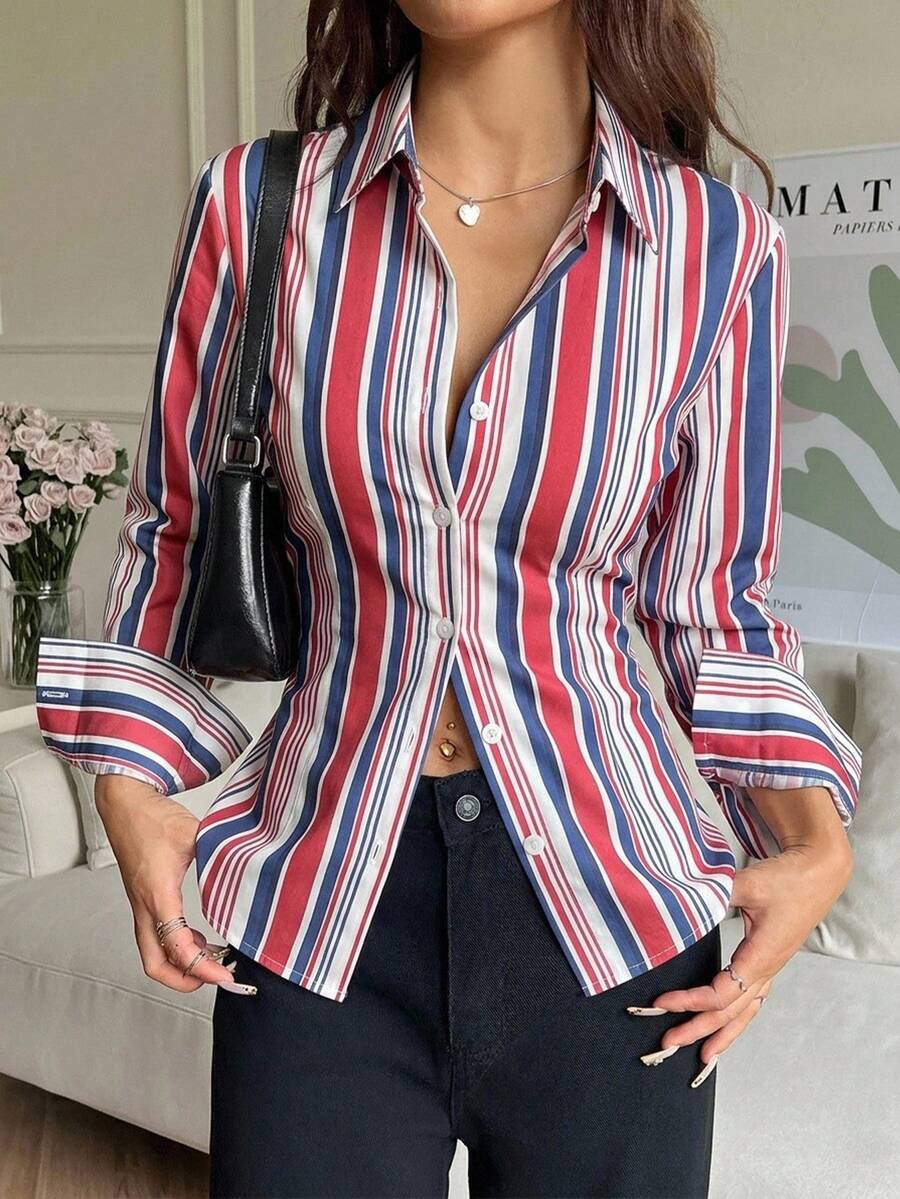 SHEIN EZwear Chemise ajustée à manches longues pour femme, style Old Money décontracté, rayures bleues et blanches, boutons devant, taille cintrée à l'arrière, pour vacances, bureau, affaires, automne - Multicolore - Voir 1