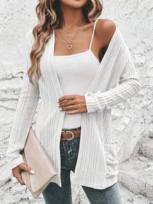 EMERY ROSE Cardigan de punto acanalado casual para mujer con ajuste regular & frente abierto en otoño/invierno - Blanco - Ver 7