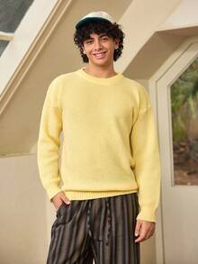 Whitmere ANDREILEE Men's Casual Pullover Sweater, Streetwear Style, Solid Color, Long Sleeve, Round Neck, Loose Fit, Short Length, Lightweight, Polyester, Suitable For Spring, Autumn And Winter - Yellow - View 5