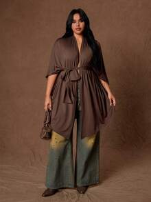 Rustia Jaket Kasual Wanita Ukuran Besar Warna Polos Lengan Kelelawar dengan Ikat Pinggang untuk Musim Gugur - Coklat - View 5