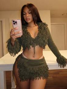 Slaydiva Women Army Green Fringe Knit Two Piece Set V‑Neck Cropped Cardigan Drawstring Mini Skirt Matching Outfit Club Party Holiday Tassel Matching Going‑Out - Army Green - View 3