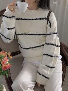 DAZY Women's Colorblock Striped Loose Long Sleeve Crew Neck Casual Vacation Spring Autumn Pullover Knit Sweater - White - View 4