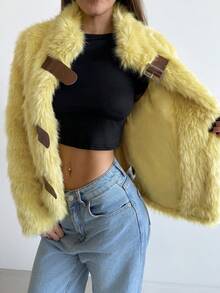 Aloruh Women's Autumn/Winter Fitted Long Sleeve Faux Fur Jacket With Small Stand Collar And Button Closure, Light Yellow - Light Yellow - View 4