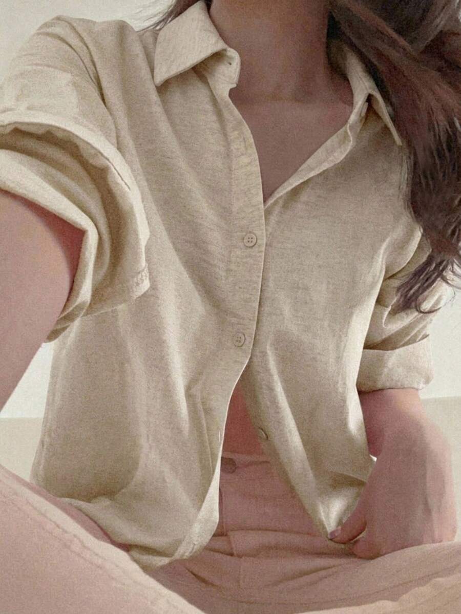 DAZY 女款休閒百搭寬鬆純色襯衫 - 杏色 - 查看 1